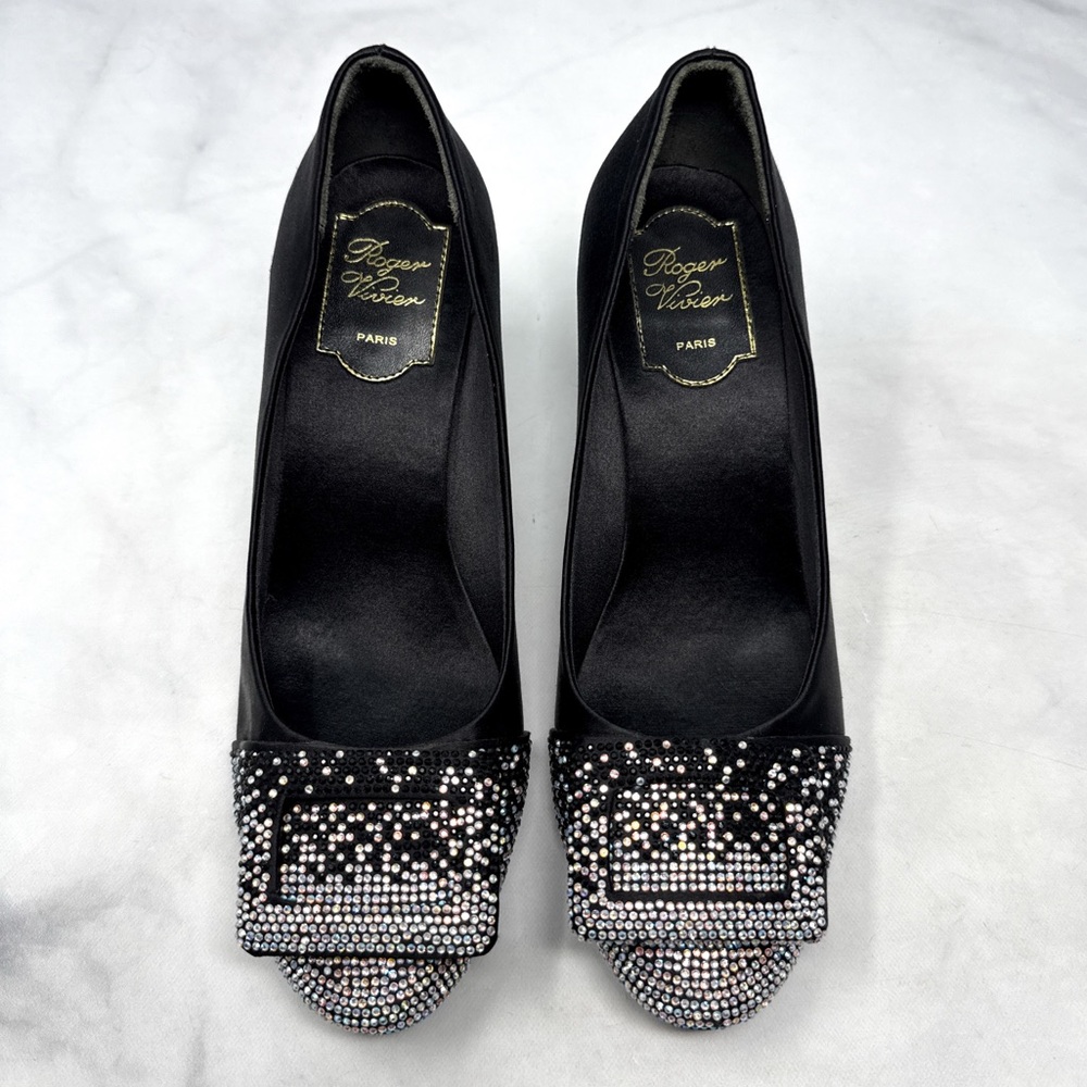 Roger Vivier Belle De Nuit Trompette Silk Satin Rhinestone Pumps Heels Black 38